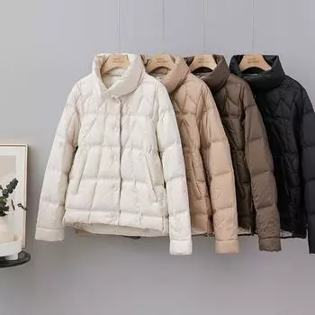 Корейская версия легкой и тонкой пуховой куртки для женщин с ромбом, короткая, 2024 г., новая свободная и тонкая теплая куртка из утиного пуха зарубежного производства S темно-коричневого