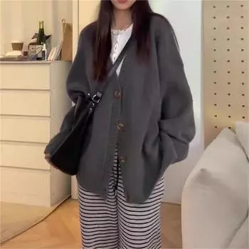 Корейская версия ленивого ветра, мягкий восковой свитер, куртка на осень и зиму, новый дизайн, однотонный, свободный и универсальный вязаный кардиган для женщин One size абрикосовый