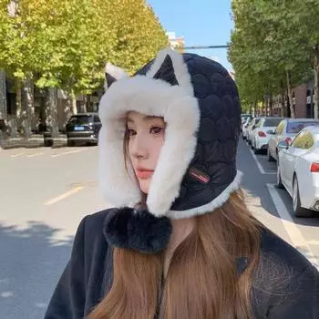 Корейская версия милой шапки Lei Feng с ушами, защитная шапка с ремешком для ушей, зимняя, холодостойкая, милая, толстая и плюшевая, теплая плюшевая шапка M56-58cm хаки