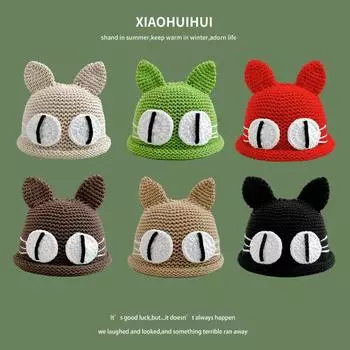 Корейская версия милые большеглазые кошачьи ушки шапки для женщин осень и зима теплая ручная вязка универсальные студенческие шапки для мужчин 56-58cm зелёный
