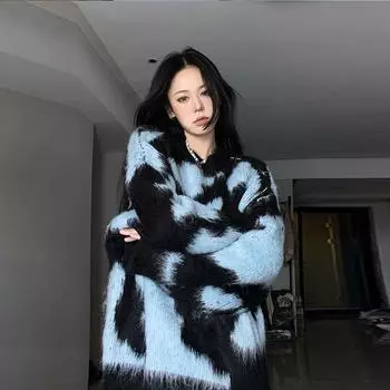 Корейская версия, милый пуловер, цветной контрастный свитер для женщин, осенне-зимний свободный вязаный свитер с круглым вырезом, пуловер, женский топ One Size серый