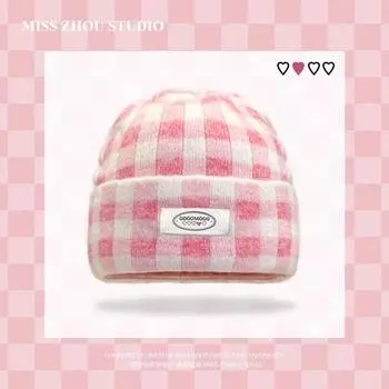 Корейская версия модные цветные клетчатые вязаные шапки для женщин осень и зима путешествия теплая универсальная повседневная хип-хоп шапка бини кепка M 56-58cm чёрный