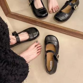 Корейская версия неглубокого рта слово с круглой головкой туфли Мэри Джейн женские туфли мягкая подошва 2025 весна новые французские ретро одинарные туфли на плоской подошве 35