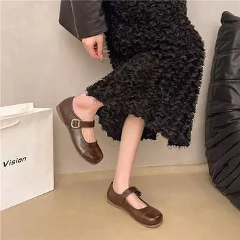 Корейская версия неглубокого рта слово с круглой головкой туфли Мэри Джейн женские туфли мягкая подошва 2025 весна новые французские ретро одинарные туфли на плоской подошве 35 коричневый