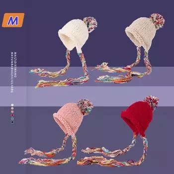 Корейская версия Niche Handmade Защитные женские шапки для ушей Зимние теплые и холодные милые вязаные пуловеры с помпоном и бахромой 56-58cm молочный белый
