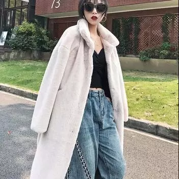 Корейская версия норковой шубы из искусственного меха, женская длинная куртка с воротником-стойкой, экологичное пальто, повседневное, из искусственного меха кролика S серый