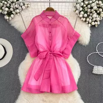 Корейская версия нового дизайна, слегка прозрачный легкий шифоновый воротник-стойка с рукавами «летучая мышь», платье с подтяжками, комплект из двух предметов