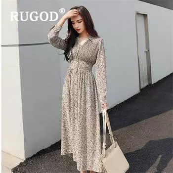 Корейская версия нового платья средней длины 2021 года с тонким V-образным вырезом и цветочным принтом и длинными рукавами S абрикосовый