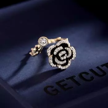 Корейская версия нового ретро-модного комплекта украшений в стиле темперамент со стразами, черным цветком, капающим маслом, кольцом с камелией Opening Adjustable