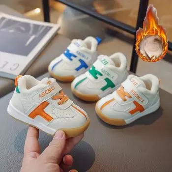 Корейская версия новой модной детской повседневной обуви с мягкой подошвой из бархата и теплых полосок в тон 16 size shoe inner length 11.5CM синий