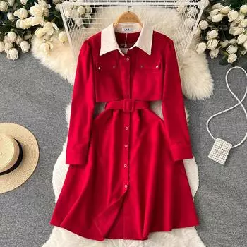 Корейская версия новой осенней строчки на шнуровке до талии, однобортное темпераментное платье цвета столкновения ниши