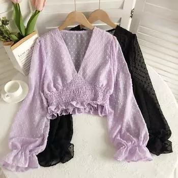 Корейская версия новой тонкой рубашки с короткими рукавами и короткими рукавами Sweet Temperament с V-образным вырезом и прозрачной деревянной кромкой уха