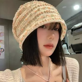 Корейская версия новых цветных вязаных шапок Jelly Bean для женщин, летние тонкие шапки Show Face, маленькие повседневные универсальные шапки 56-58cm бежевый