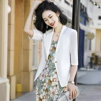 Корейская версия облегающего белого тонкого маленького пиджака на одной пуговице с женским принтом для нежного стиля M