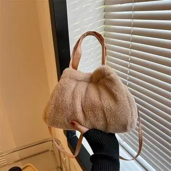 Корейская версия однотонной плюшевой сумки-ведра, женская сумка, зимняя новая нишевая конструкция на одно плечо, косая сумка-мешок чёрный