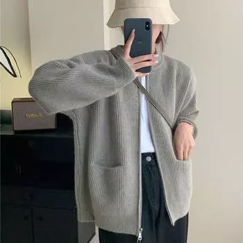 Корейская версия, однотонный свитер, кардиган, женский карман, вязаная куртка на молнии, весенне-осенний свитер с круглым вырезом и свитер-кардиган One Size чёрный