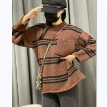 Корейская версия осень-зима новые контрастные цвета полосатый ленивый стиль вязаный свитер пуловер женский свободный универсальный и тонкий топ прилив One size