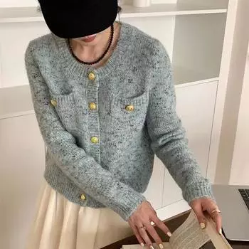 Корейская версия осени и зимы, новый цветочный вязаный свитер из пряжи, флисовый свитер с круглым вырезом, кардиган с карманом, модный повседневный женский модный тренд One size бежевый