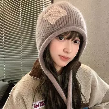 Корейская версия осенне-зимняя, подчеркивающая лицо, маленькая вязаная шапка, модная женская шапка на шнуровке, велосипедный ремешок, теплая шапка с носком, шерстяная шапка хаки
