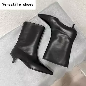Корейская версия остроносых женских коротких сапог, модные туфли без застежек, осенние элегантные женские полусапожки на низком каблуке длиной до середины голени 35