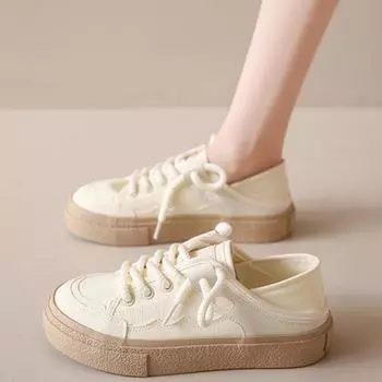 Корейская версия парусиновой обуви для женщин с плоской подошвой, удобная, 2024, новая повседневная простая универсальная однотонная женская обувь летнего времени 35 бежевый