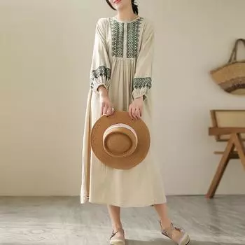 Корейская версия платья с длинными рукавами и вышивкой с круглым вырезом, полубортные платья с четырьмя пуговицами, большие размеры XXL зелёный