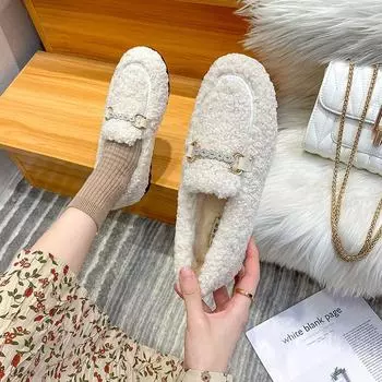 Корейская версия плюшевых толстоподошвенных пушистых туфель женская обувь осень и зима новая женская хлопковая обувь обувь Doudou закрывающая стопу мягкая подошва плоский каблук 34