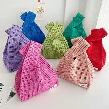 Корейская версия, полая вязаная сумка-тоут, мини-женская повседневная сумка, портативная сумка для хранения, однотонная сумка для покупок, многоразовая сумка-тоут трава зеленый