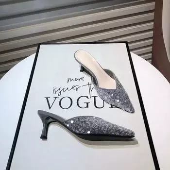 Корейская версия повседневного стиля, модные универсальные тапочки-мешки с блестками, новинка 2024 года, повседневные легкие остроносые полутапочки с ленивым носком 34