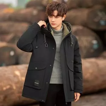 Корейская версия пуховой куртки для мужчин Winter Tide Teen Hooded Medium and Long Men s Thermal Jacket M хаки
