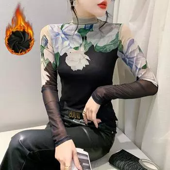 Корейская версия пуловера бархатная полуводолазка с принтом нижняя рубашка зимняя новая мода иностранный стиль футболка с длинными рукавами S