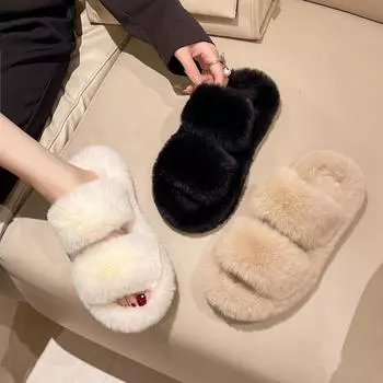 Корейская версия пушистых тапочек с открытым носком, женская осенне-зимняя новая верхняя одежда 2024 года, хлопковые тапочки на толстой подошве, теплые тапочки с перекрестными ремешками 35 чёрный