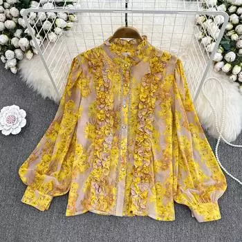 Корейская версия ретро-темперамента с грибковым краем, воротник-стойка, свободные рукава-фонарики, однобортный шифоновый топ с принтом