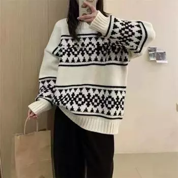 Корейская версия ретро жаккардового толстого пуловера, свитера для женщин на осень и зиму, новый свободный универсальный ленивый мягкий вощеный трикотажный жакет One size бежевый