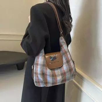 Корейская версия рюкзака с изображением мультяшного щенка, женская сумка-тоут 2024 года, новая клетчатая сумка для колледжа, универсальная сумка через плечо большой вместимости 34*12*33