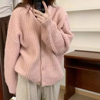 Корейская версия с капюшоном, толстый ленивый стиль, свитер, куртка, кардиган, женская осенне-зимняя свободная верхняя одежда, большая шапка, вязаный свитер S розовый