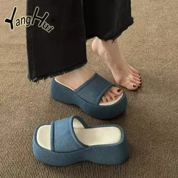 Корейская версия с круглой головкой и толстым дном, с увеличенным увеличением, джинсовые тапочки женские 2024 года, новая модная повседневная женская обувь, лето 35 бежевый