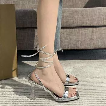 Корейская версия сандалии с квадратным носком женские тонкие каблуки 2024 новые модные повседневные простые универсальные однотонные туфли на высоком каблуке летние 34 чёрный