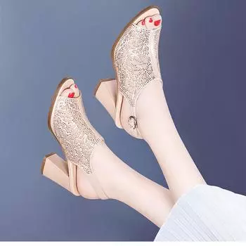 Корейская версия сетчатой женской обуви с ажурным рисунком «рыбий рот» 2024 года, новые удобные и дышащие повседневные универсальные сандалии 35 шампанского