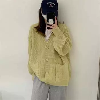 Корейская версия шикарного вафельного ленивого вязаного свитера для женщин, осень и зима, новый кардиган с V-образным вырезом, длинный рукав, женский топ average size розовый