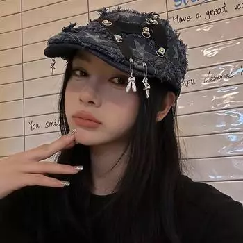 Корейская версия шляпы star cowboy forward для женщин 2024 года, новая летняя универсальная шляпа для отдыха с большой окружностью головы, показывающая лицо, маленькая шляпа газетчика M56-58cm джинсовый