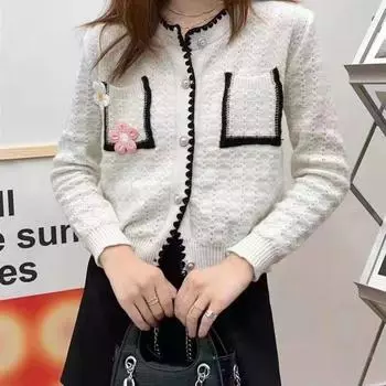 Корейская версия, сладкий и ароматный кардиган, женский вязаный свитер для женщин 2023, весенне-осенний свитер с цветочным принтом, женский топ