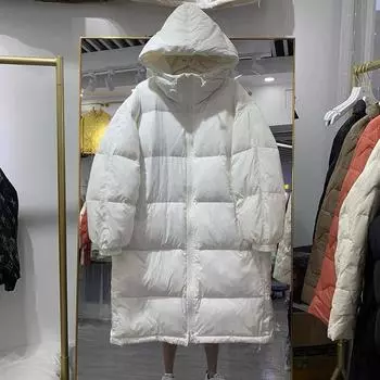 Корейская версия средней и длинной утолщенной пуховой куртки для женщин корейская версия свободного покроя с капюшоном из белого утиного пуха 2024 года зимняя куртка из хлеба one size fits all чёрный