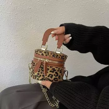 Корейская версия стиль леопардовый принт сумка-ведро женская 2024 новая мода пресбиопия сумка через плечо универсальная сумка-мессенджер сумка 11*7*9 чёрный