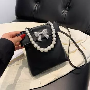 Корейская версия сумки нишевый дизайн жемчужная сумочка модная новая летняя маленькая квадратная сумка с бантом универсальная сумка-мессенджер чёрный