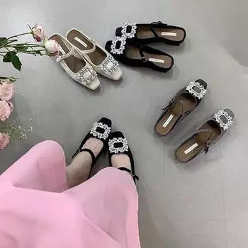 Корейская версия сумки с пряжкой из одного слова и полутапочек для женщин, новая квадратная пряжка со стразами в начале весны 2025 года и пустая 35 бежевый