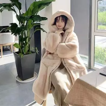 Корейская версия свободная плюшевая куртка женская искусственный мех куртка утолщенная с капюшоном пальто осень и зима большой размер свитер свободный S