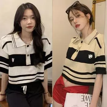 Корейская версия, свободная полосатая, с высокой талией, с коротким рукавом, вязаная рубашка из ледяного шелка, верхняя футболка, женская