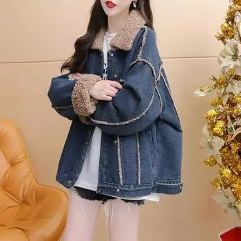 Корейская версия свободного ленивого ветра кардиган джинсовая куртка женская зима 2024 новый бархатный утолщенный топ знаменитости Интернета S