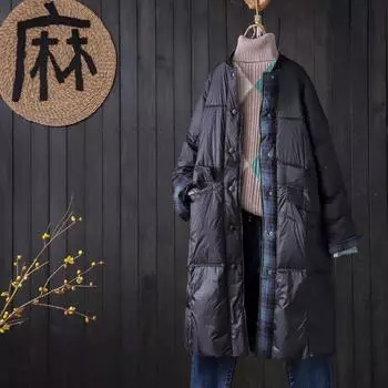 Корейская версия свободного литературного белого утиного пуховика для женщин 2024 года с бейсбольным воротником средней и длинной выше колена, теплая куртка прилив M темно-зеленого